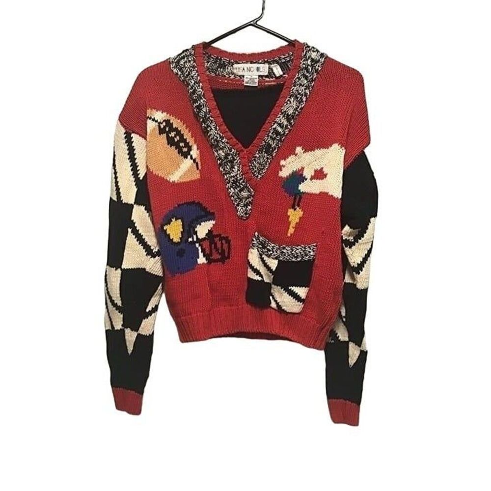 Vtg 1989 Lisa Nichols School Football Sweetheart Novelty Knit Sweater Size M